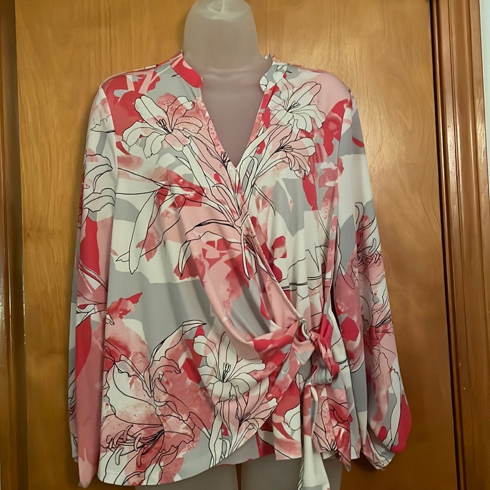 Alfani shades of pink gray and white long sleeve wrap blouse